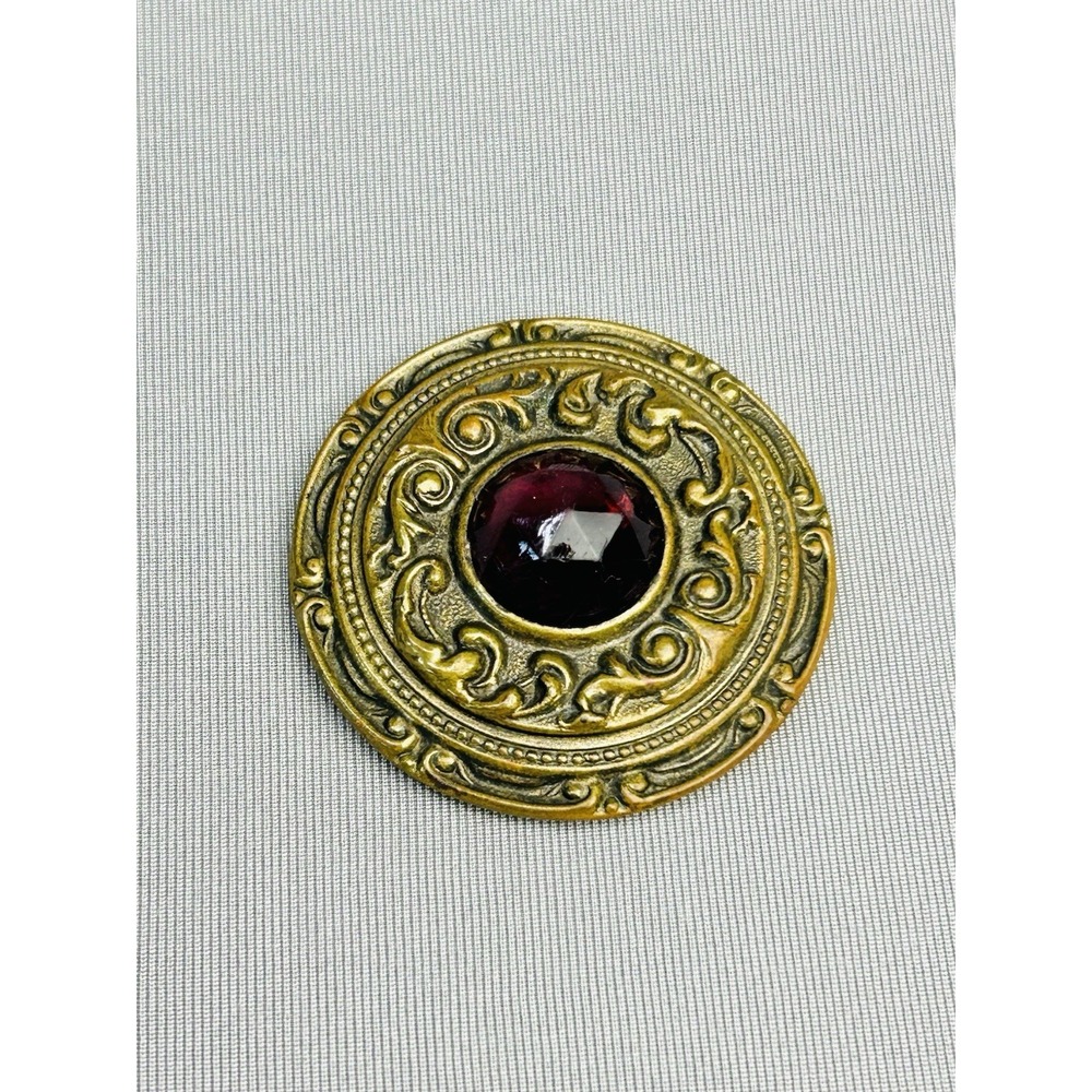 Antique Extra Large Metal Button With Faux Purple Gem